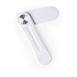 A sleek, white phone holder with a flexible design and a circular metal accent. It features a minimalistic aesthetic.