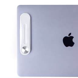 A silver phone holder with a white clip, featuring a black logo, designed for car use.