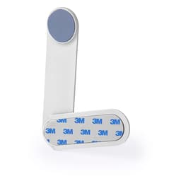 A white car phone holder with a round top and a sticky base featuring a logo.