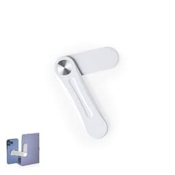 A silver car phone holder with a pivoting design, featuring a logo. It is compatible with various phone sizes.