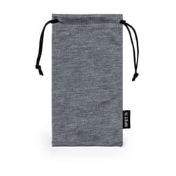 A grey pouch with a drawstring closure, featuring a logo tag on the side.