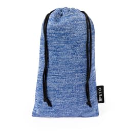 A blue drawstring pouch with a textured pattern and a black logo tag on the side.