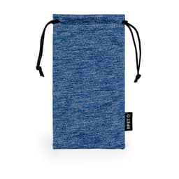 A blue pouch with a textured pattern and drawstring closure, featuring a small logo tag on the side.
