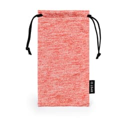 A red melange drawstring pouch featuring a logo, made from recycled materials. Suitable for various small items.