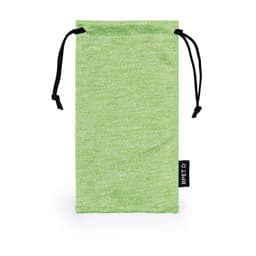 A green fabric pouch with a drawstring closure and a logo tag on the side.
