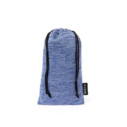 A blue drawstring pouch with a textured finish and black cords, featuring a small logo on the side.
