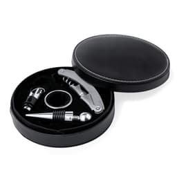 A wine accessory set in a black leather case, featuring a corkscrew, pourer, and wine collar in silver.