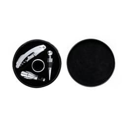A round black storage kit containing a corkscrew, wine pourer, and bottle stopper, all in a sleek design.