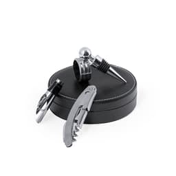 A drink bottle accessory set featuring a corkscrew, bottle stopper, and pourer in silver, presented in a black leather case.