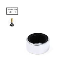 A stainless steel ring with a smooth, shiny surface and a black interior. Features a small logo in the corner.