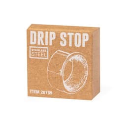 A stainless steel drip stop ring displayed in a brown cardboard packaging with a logo.
