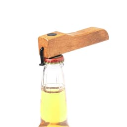 A drink bottle opener with a wooden handle and a metal clasp, designed for opening bottle caps.