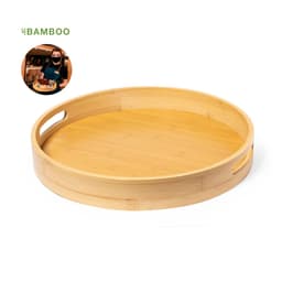 A bamboo serving tray with a natural finish, featuring two cut-out handles for easy carrying.