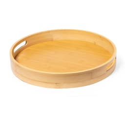 A round bamboo tray with smooth edges and two side handles, showcasing a natural wood finish.