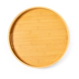 A round bamboo tray with a smooth, natural finish and a simple design. It features a subtle logo.