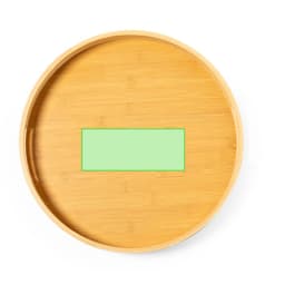 A round bamboo tray with a smooth surface and a central green rectangular section. It has a natural finish.