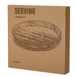 A bamboo serving tray in a natural wood finish, packaged in a brown box with a logo.