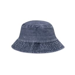 A dark blue bucket hat featuring a textured fabric and a branded logo. Perfect for headwear collections.
