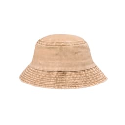 A beige bucket hat with a textured finish and a wide brim. It features a logo branding detail.