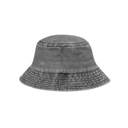 A grey bucket hat featuring a textured finish and stitched detailing, with a simple logo on the side.