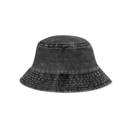 A grey bucket hat with a textured finish and a branded logo on the side.
