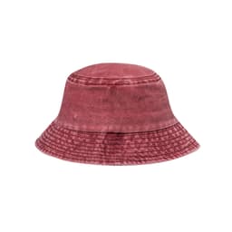 A burgundy bucket hat with a textured finish and a stitched brim. It features a logo on the side.