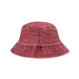 A maroon bucket hat with a distressed texture and a wide brim. Features a branding logo.