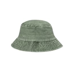 A grey bucket hat with a textured finish and a wide brim, featuring a logo.