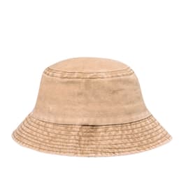 A beige bucket hat with a textured surface and a wide brim, featuring a subtle logo.