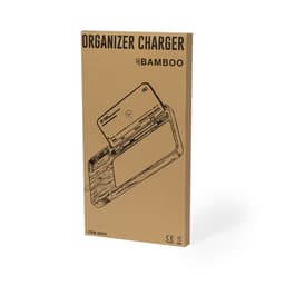 A beige box with a sketch of a bamboo organiser charger. It features a wireless charging pad and card slots.