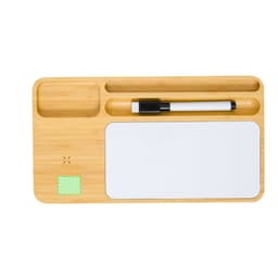 A bamboo organiser charger featuring compartments for accessories, a whiteboard area, and a pen. Includes a logo.