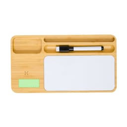 A bamboo desk organiser with compartments for stationery, a dry-erase board, and a marker. It has a simple design and a green accent.