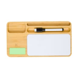 A bamboo organiser with compartments, a whiteboard section, and a black pen. Features a green sticky note area.