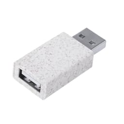 A USB adapter in a speckled white casing with a metallic connector. It features a branding logo on the surface.