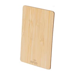 A bamboo RFID blocking card with a natural wood finish and a small logo on the bottom.
