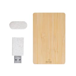 A bamboo card and a speckled USB drive, both featuring an RFID design, are displayed together.