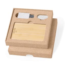 A bamboo card and USB drive in a cardboard packaging, featuring a logo and an RFID card holder.