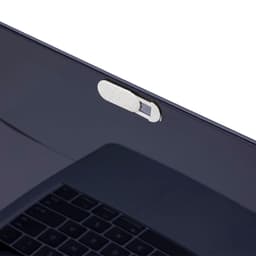 A sleek, dark blue laptop with a silver privacy slider on the top edge. The keyboard is partially visible.
