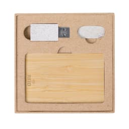 A wooden RFID card and a grey USB drive in a natural cardboard packaging with a minimalist design.