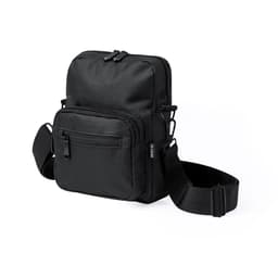 A black crossbody bag with multiple zippered pockets and an adjustable strap. It features a branding logo.
