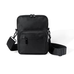 A black Lixia Bag with a front zip pocket and an adjustable strap, featuring a logo.