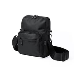 A black crossbody bag with multiple zippered pockets and an adjustable strap. It has a logo on the side.