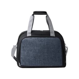 A black and blue duffle bag with grey straps and a prominent logo on the front.