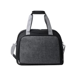 A grey and black bag with dual handles and a shoulder strap, featuring a logo on the front.