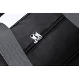A black bag with dual silver zippers and grey straps, displaying a textured surface.