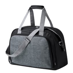 A black and grey duffel bag with dual handles and a shoulder strap. It features a zipper compartment and a logo.