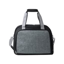 A grey and black bag with dual handles and a detachable strap, featuring a logo on the front.