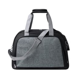 A grey and black duffel bag with a shoulder strap and two handles, featuring a branding logo.