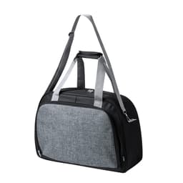 A stylish black and grey bag with dual handles and a long adjustable strap, featuring a logo on the front.