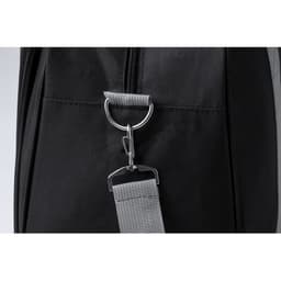 A black bag featuring a zip closure and a silver metal clip for attachment.